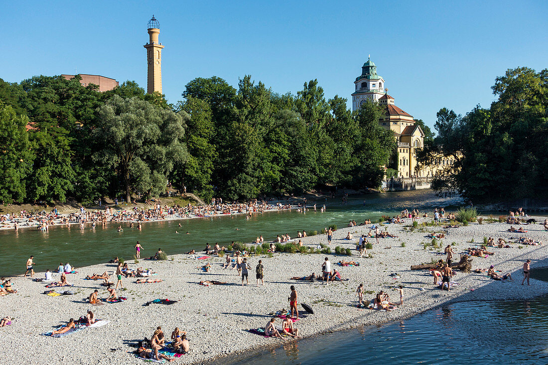 bathing at Isar river near Müllersches Volksbad in Munich, Upper Bavaria, Germany, Europe