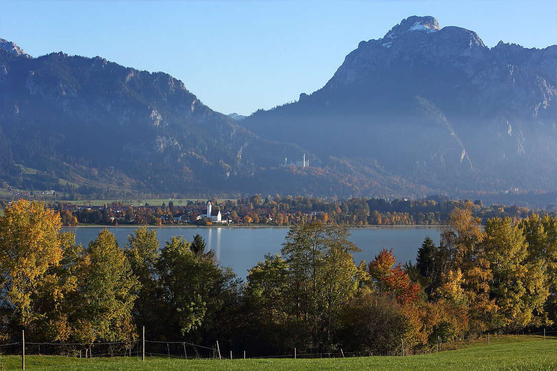 Forggensee and Neuschwanstein castle, Fuessen, Oberallgaeu, Allgaeu, Swabia,  Bavaria, Germany