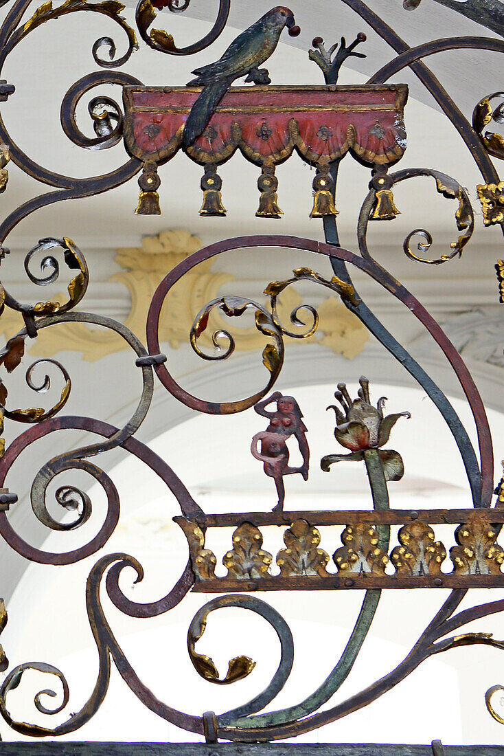 Detail of a iron-wrought gate in benedectine monastery Ottobeuren, Lower Allgaeu, Allgaeu, Swabia, Bavaria, Germany