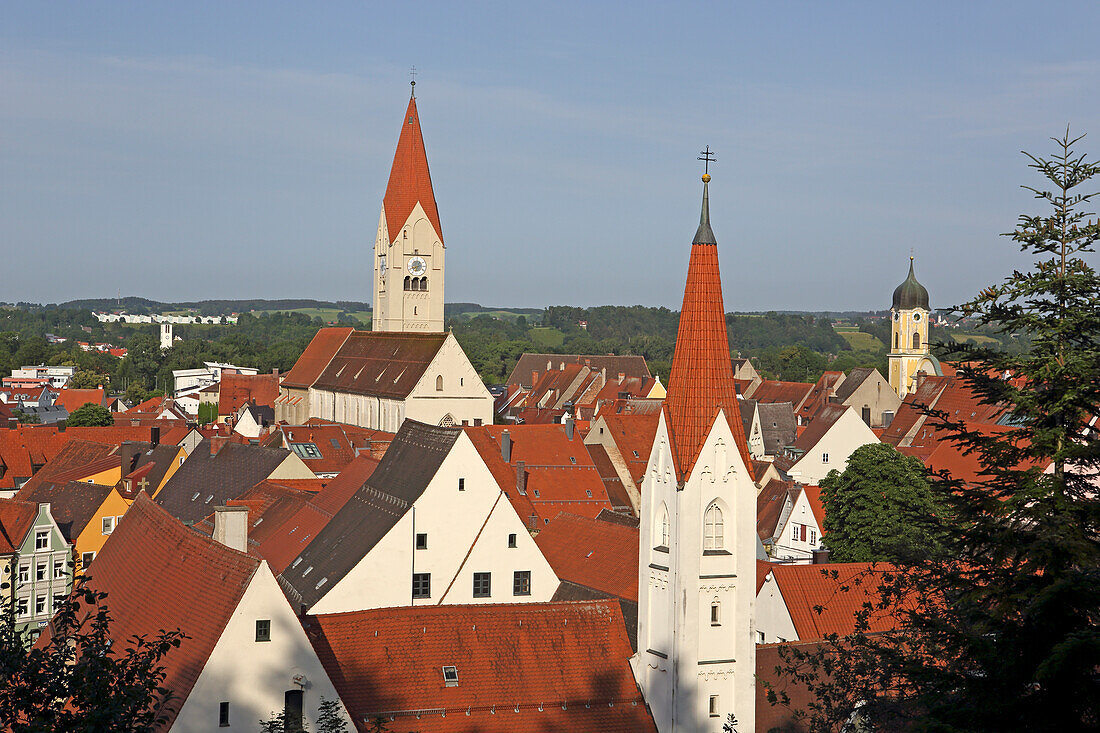 View from the garden of Crescentia over Kaufbeuren, Eastern Allgaeu, Allgaeu, Swabia, Bavaria, Germany