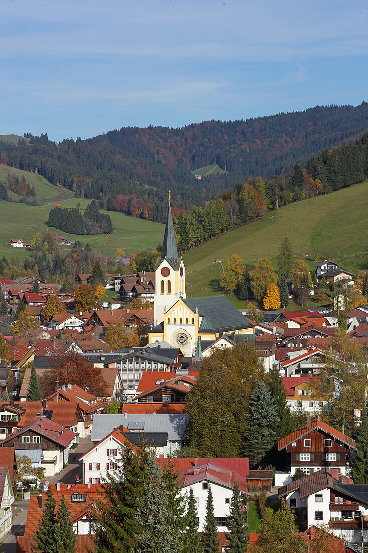View over Oberstaufen, Upper Allgaeu, Allgaeu, Swabia, Bavaria, Germany