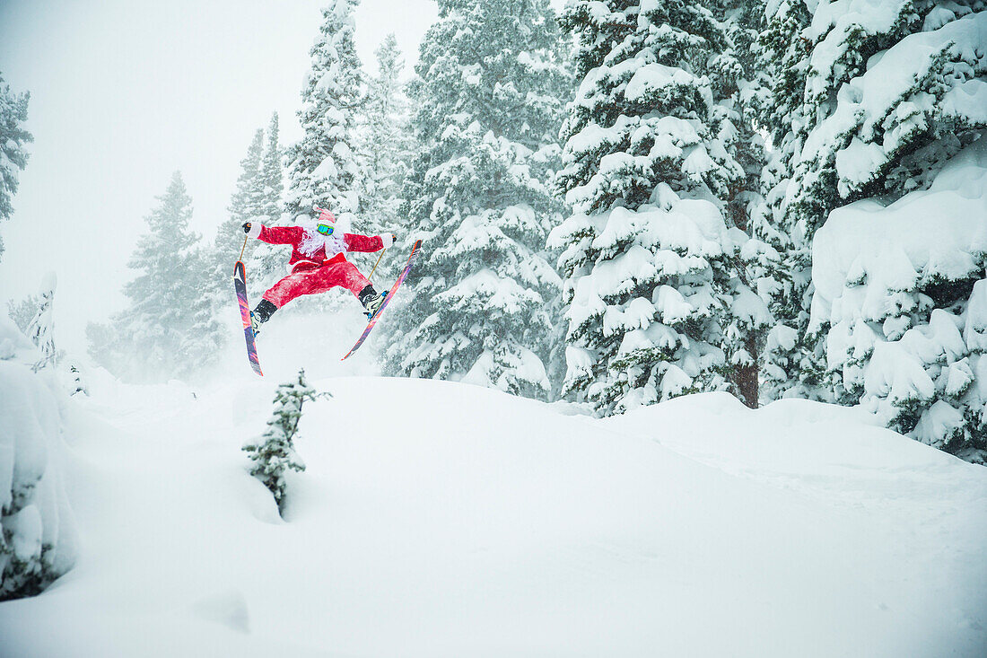 Santa Jumps An Evergreen While Skiing In Utah
