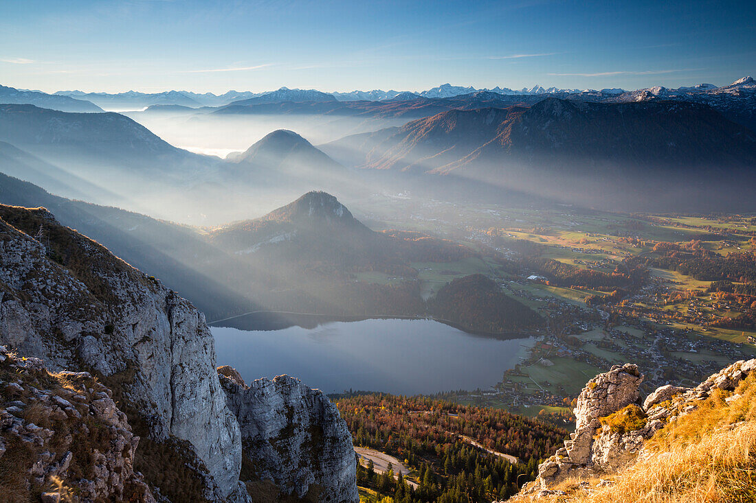 Lake Altausseersee seen from Mount Loser, Bad Aussee, Styria, Austria, Europe