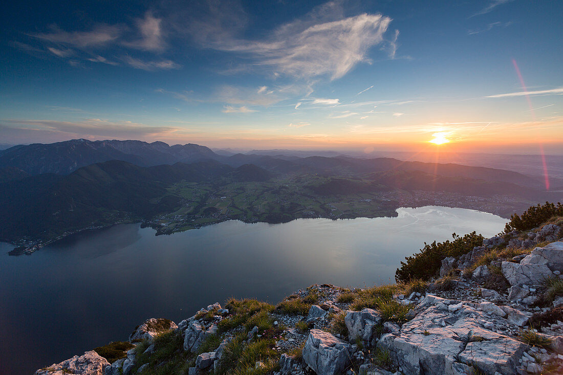 Sunset at Lake Traunsee seen from Mount Traunstein, Upper Austria, Austria, Europe