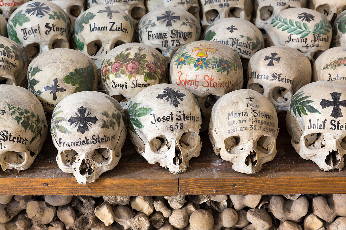 Skulls in the shrine of Hallstatt, Upper Austria, Austria, Europe