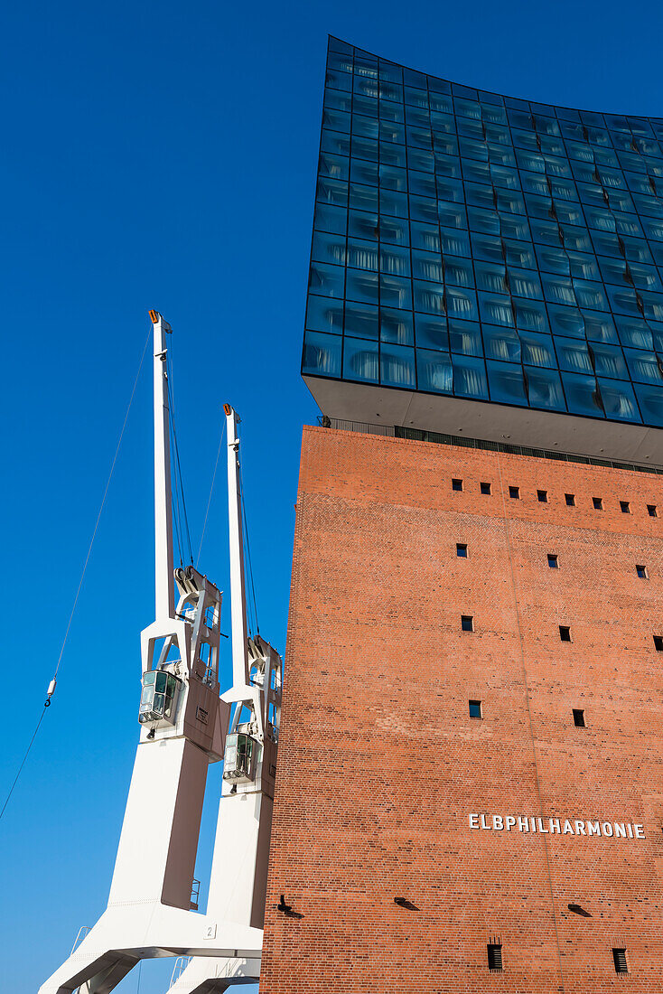 View of the Elbphilharmonie with lettering and historic port cranes, Hamburg, Germany