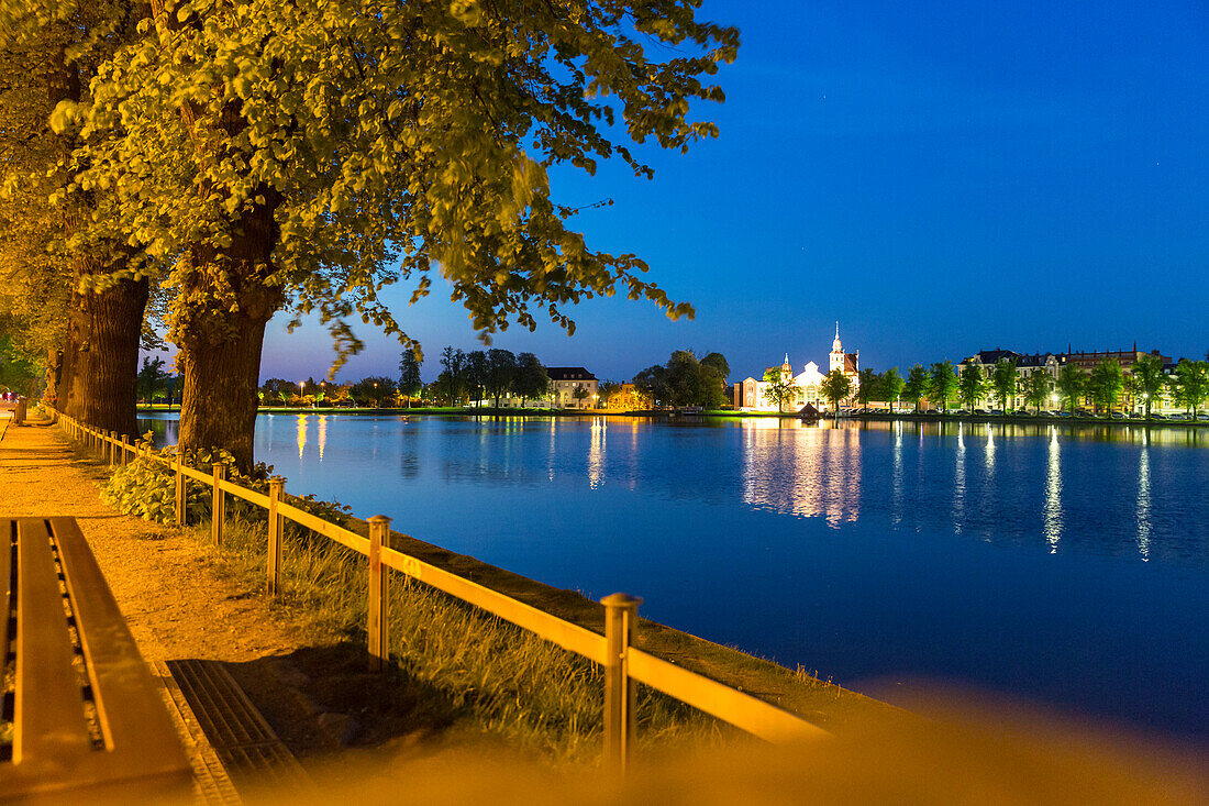 inner-city pond Pfaffenteich, E-Werk (theatre), provincial capital, Mecklenburg lakes, Schwerin, Mecklenburg-West Pomerania, Germany, Europe
