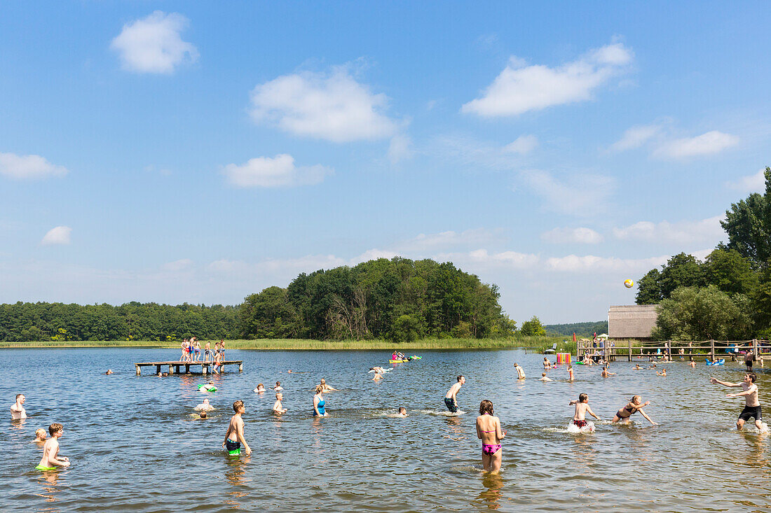 Baden im See, Badeplattform, Sprung ins Wasser, Bootshäuser, Strand, Badestelle, Granzower Möschen, Sommer, Urlaub, baden, Kleinseenplatte, südlich der Müritz, Mecklenburgische Seenplatte, Mecklenburgische Seen, Granzow, Mecklenburg-Vorpommern, Deutschlan