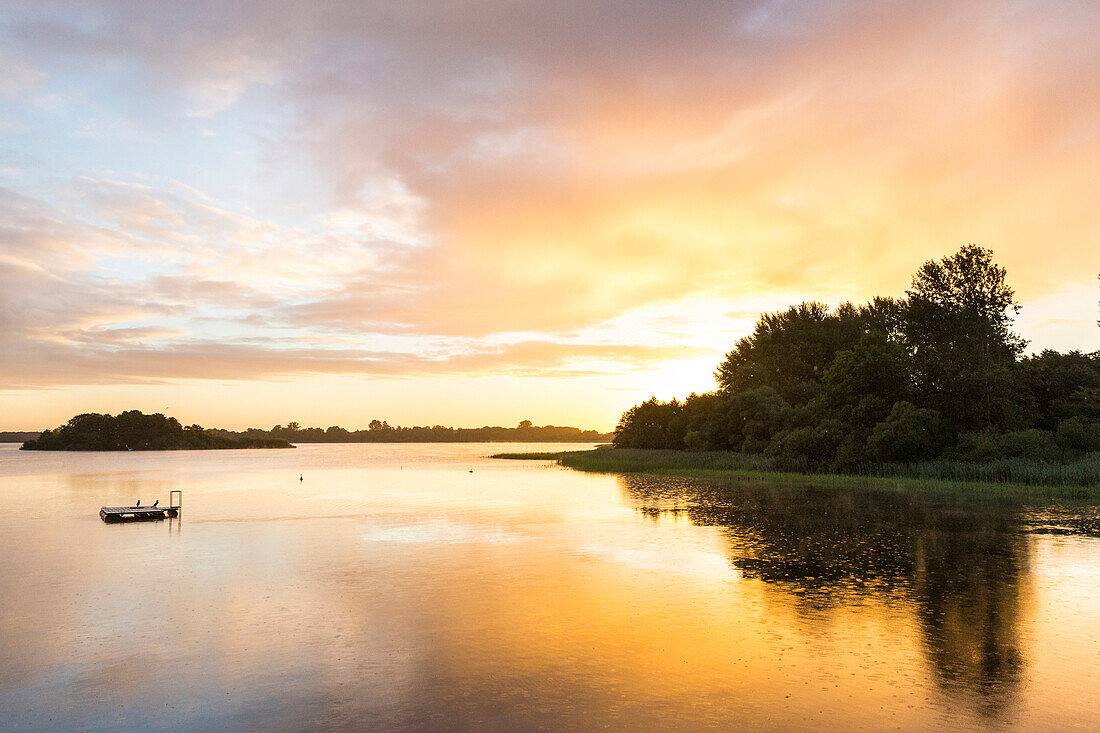 landscape, lake, swimming area at Schaalsee, sunrise, early in the morning, Biosphere Reserve Schaalsee, Mecklenburg lake district, Zarrenthin, Mecklenburg-West Pomerania, Germany, Europe