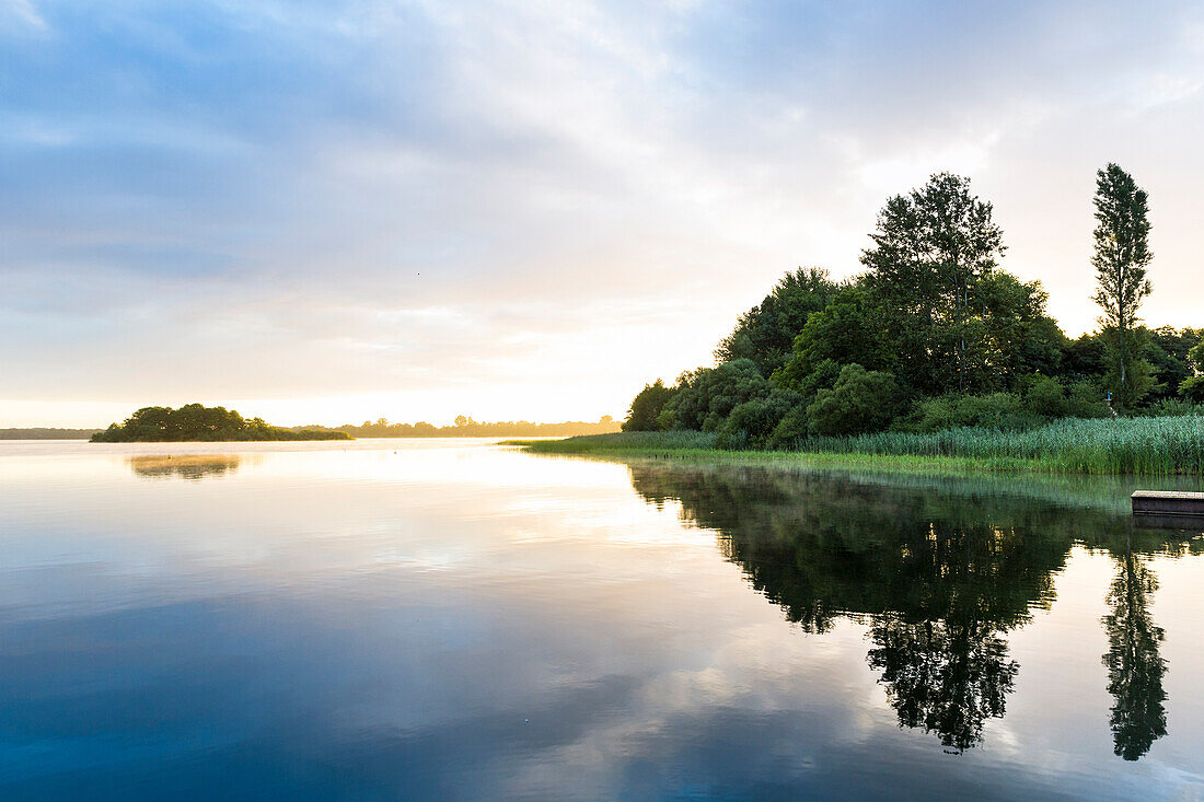 landscape, lake, swimming area at Schaalsee, sunrise, early in the morning, Biosphere Reserve Schaalsee, Mecklenburg lake district, Zarrenthin, Mecklenburg-West Pomerania, Germany, Europe