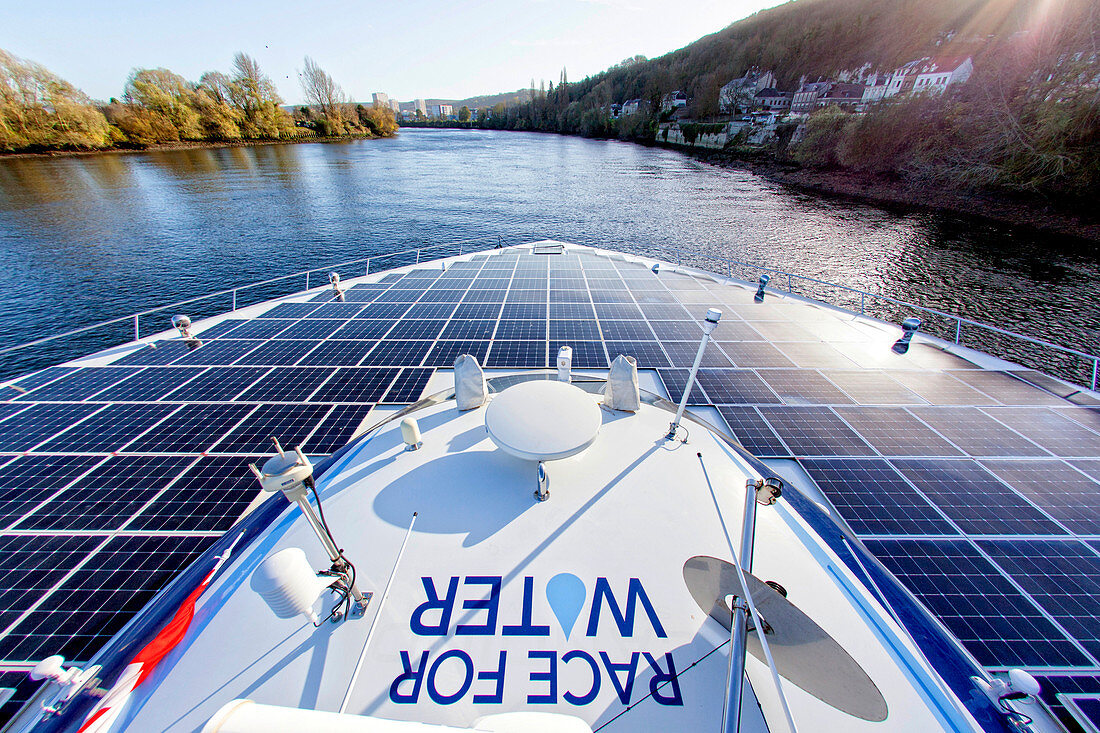Trip on the Seine river with the Planet Solar yacht  between Rouen and the D'Amfreville lock. The MS T??ranor PlanetSolar is currently the largest solar boat ever built, Planet Solar was launched on March 31, 2010 after 3 years of feasibility studies, con