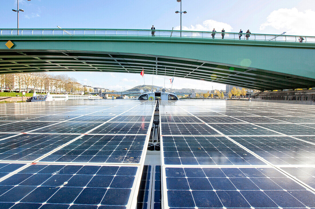 Trip on the Seine river with the Planet Solar yacht  between Rouen and the D'Amfreville lock. The MS T??ranor PlanetSolar is currently the largest solar boat ever built, Planet Solar was launched on March 31, 2010 after 3 years of feasibility studies, con