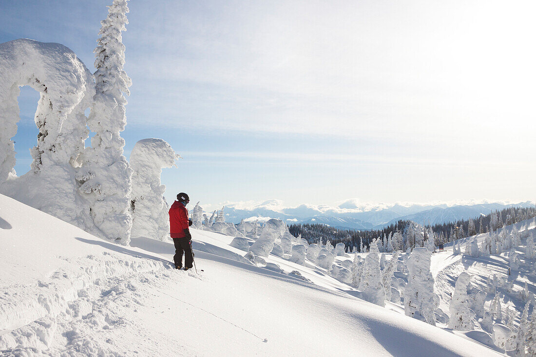 Male Skier Standing On Snowy Landscape In Whitefish, Montana, Usa
