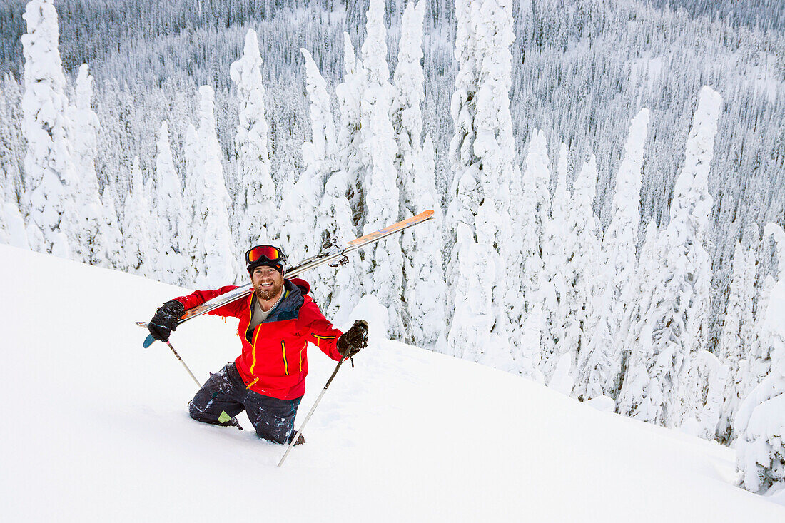 Male Skier Hikes Back Up To Hit A Backcountry Ski Jump Near Whitefish, Montana