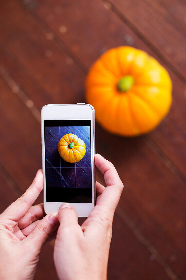 Close-up Of Person Hands Holding Smartphone Taking Picture Of Pumpkin On Wooden Table
