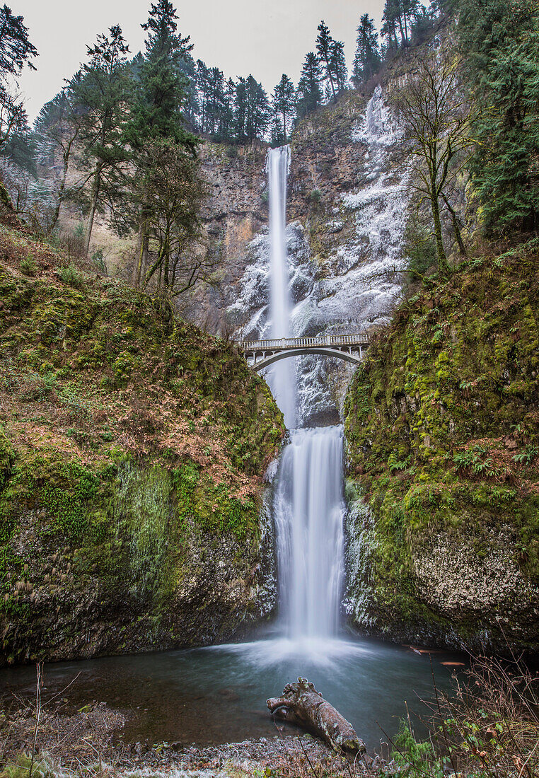 Multnomah Falls Over Rocky Hillside In Portland, Oregon, Usa