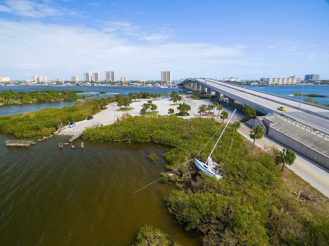 Aerial View Of Port Orange With A Beached Sailboat