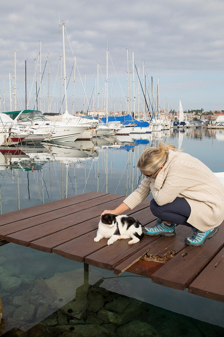 Woman strokes cat on pier in harbour