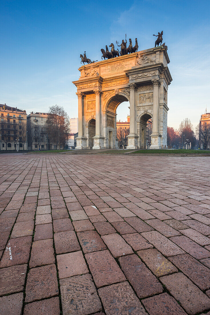 Milan, Lombardy, Italy,  Porta Sempione or Arco della Pace at sunrise