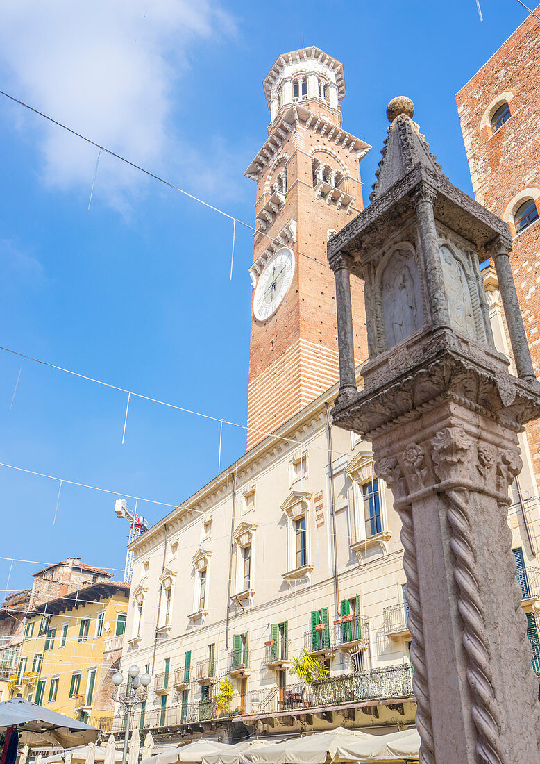 Verona, Veneto, Italy,  Piazza delle Erbe with Torre dei Lamberti on the background