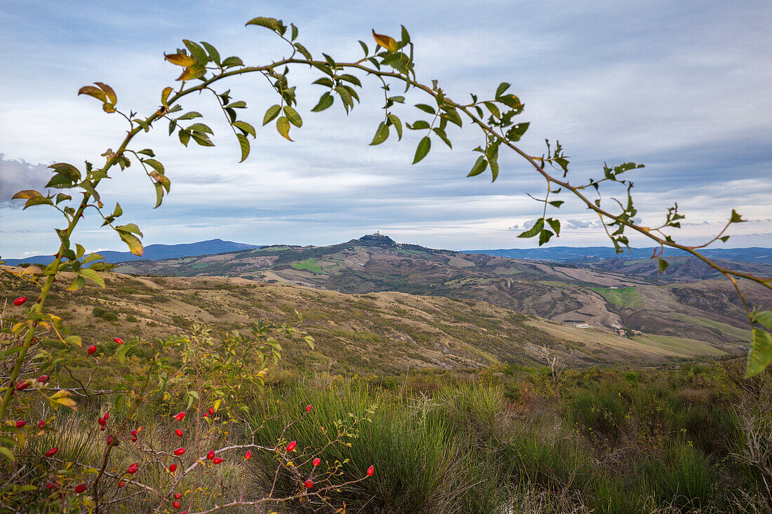 Blick auf das Dorf Radicofani, Radicofani, Orcia Tal, Val d'Orcia, Provinz Siena, Toskana, Italien, Europa