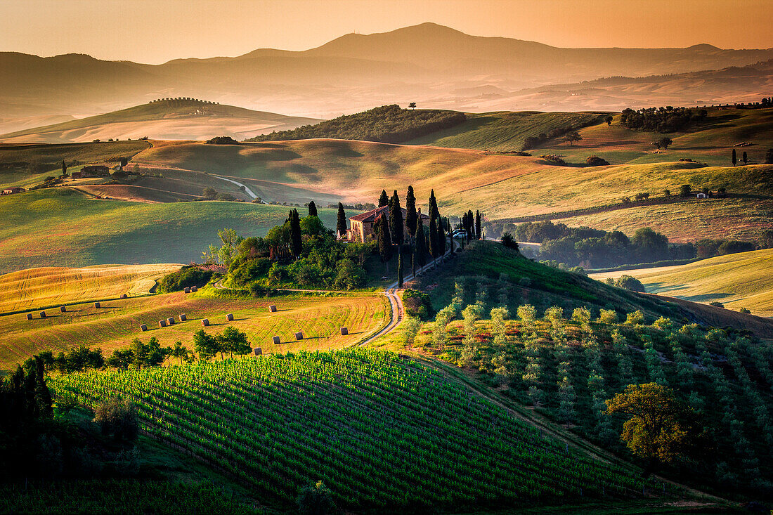 Val d'Orcia, Toskana, Italien, Erstaunlicher Sonnenaufgang über den grünen und goldenen Hügeln der toskanischen Landschaft