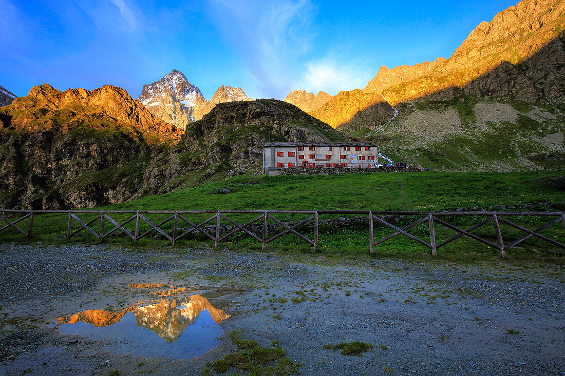 Sunrise in Pian del Re valley, Crissolo village, Cuneo distrct, Piedmont, Italy