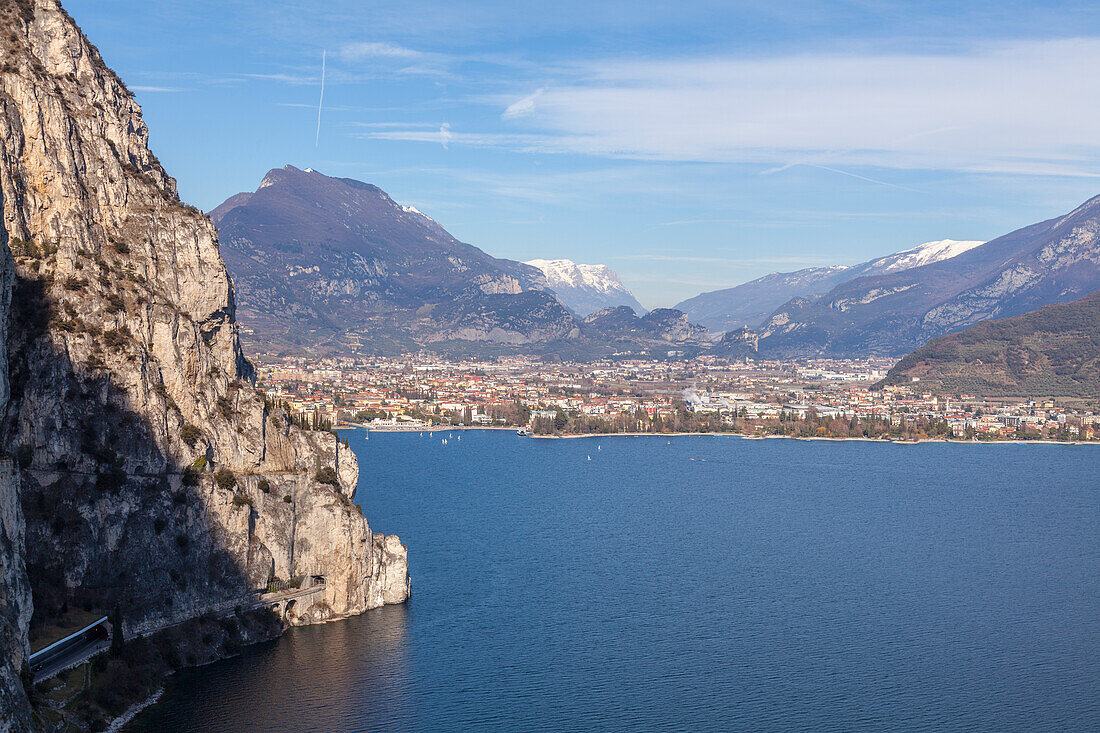 'Ponale trail, Riva del Garda, Lake Garda, Trentino-South Tyrol, Italy,  View of lake and mount Baldo from ''Sentiero del Ponale'''