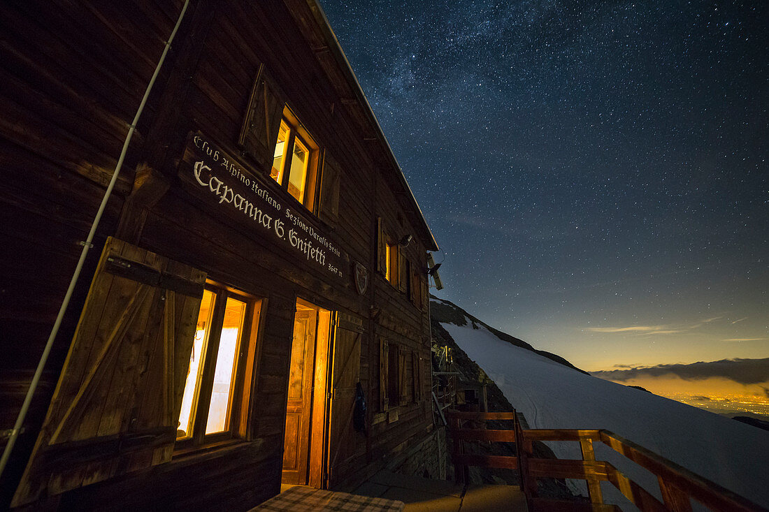 The Gnifetti refuge in Monte Rosa Massif durign a starry night , Gressoney, Lys Valley, Aosta province, Aosta Valley, Italy, Europe