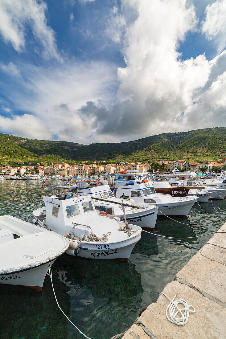 View of Komiza village and its port , Komiza, Vis, Vis Island, Split-Dalmatia county, Dalmatia region, Croatia, Europe