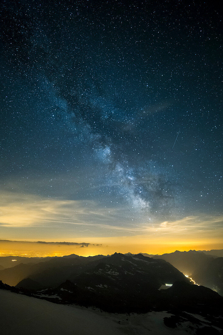 The starry sky and the Milky Way from the Gnifetti refuge in Monte Rosa Massif , Gressoney, Lys Valley, Aosta province, Aosta Valley, Italy, Europe