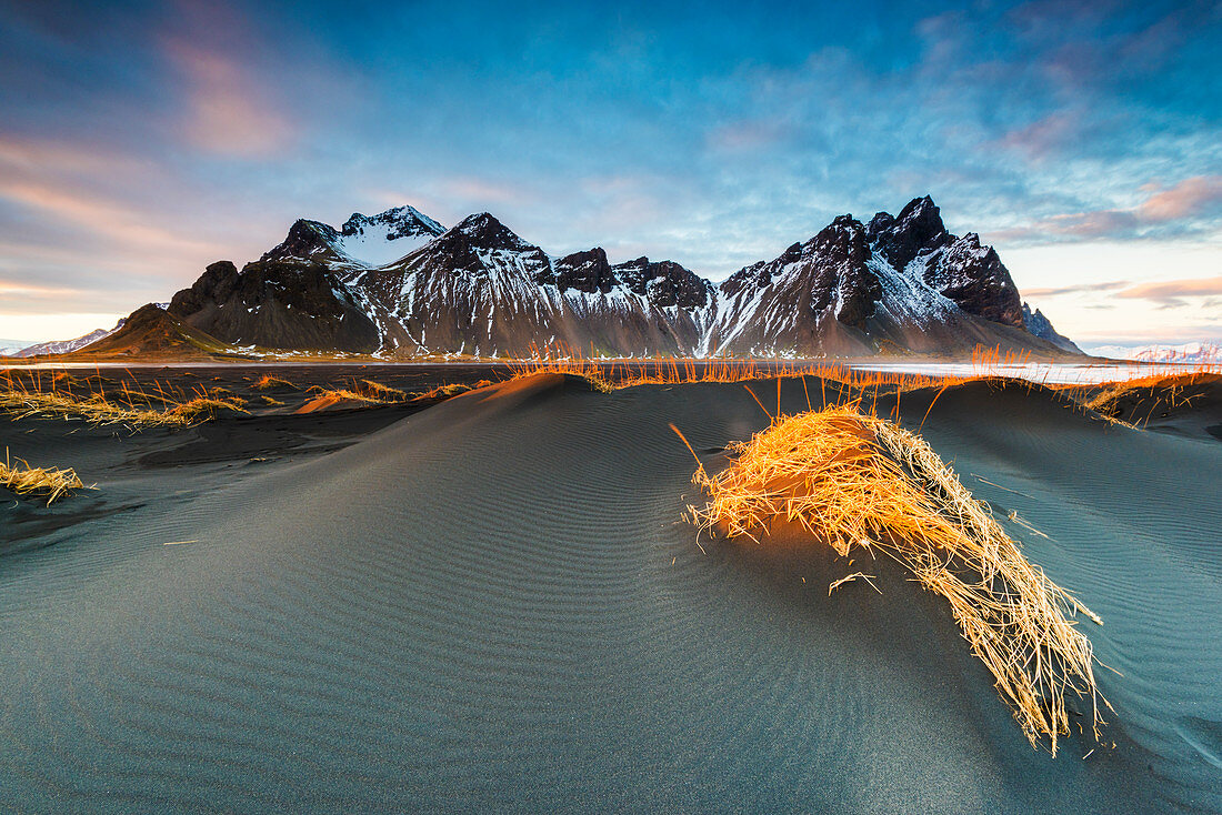 Stokksnes, Hofn, East Iceland, Iceland,  Vestrahorn mountain and the black sand dunes at sunset