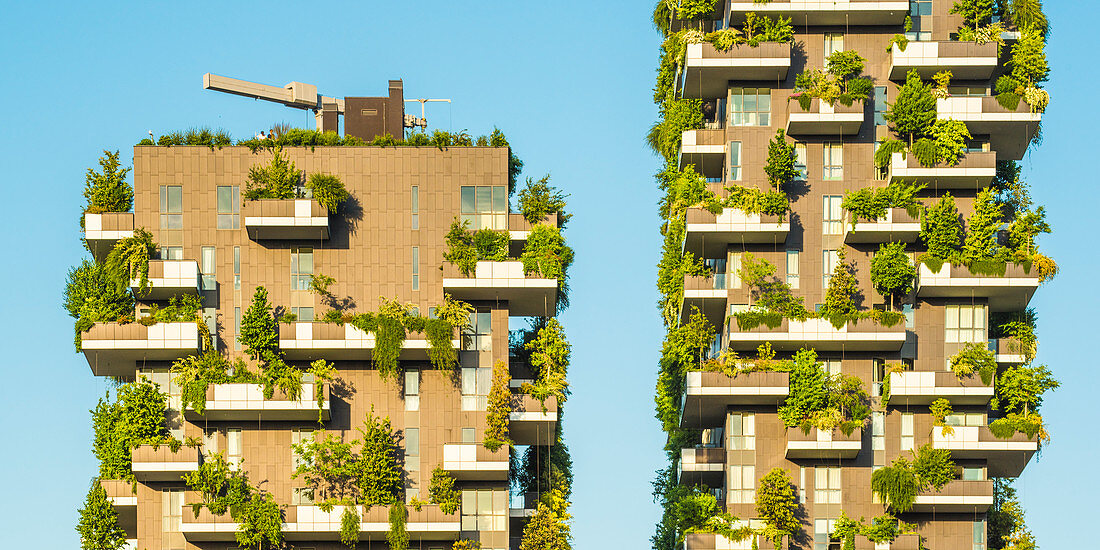 Milan, Lombardy, Italy,  Details of the Bosco Verticale building