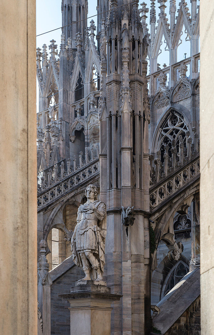 On the rooftop of the Duomo di Milano, among the white marble spiers, Milano, Lombardy, Italy