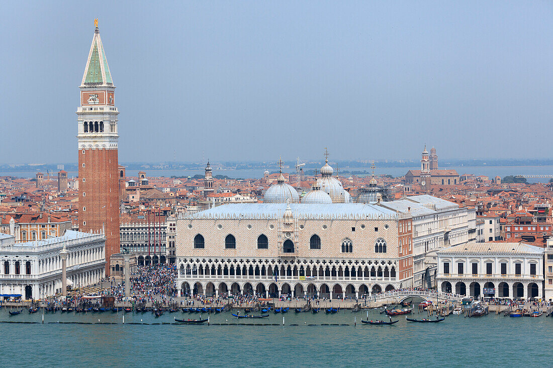 Europe, Italy, Veneto, Venice,  St,  Mark bell tower and square, Doge's palace and domes of St,  Mark's Basilica