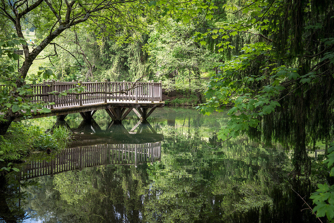 Racines, Ratschings, Provinz Bozen, Südtirol, Italien, Bordwalk über einen Teich