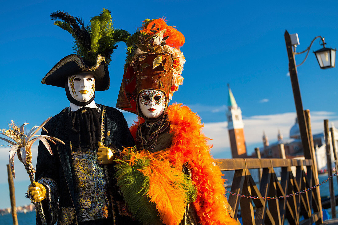 Fancy dress with San Giorgio Maggiore in the background,  Venice, Veneto, Italy