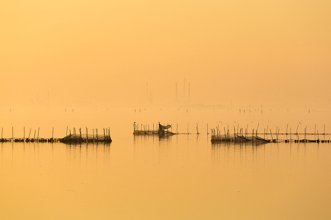 Venetian Lagoon and Marghera in the mist,  Venice, Veneto, Italy