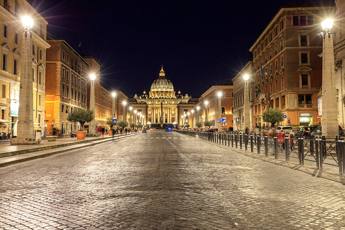 Night view of Basilica di San Pietro in Vaticano symbol of Catholic religion Rome Lazio Italy Europe
