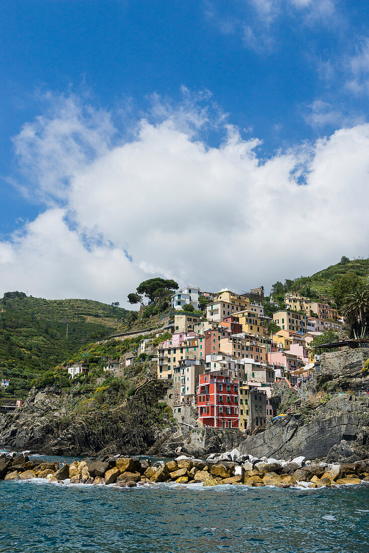 Colorful houses and typical architecture of  Riomaggiore Cinque Terre National Park province of La Spezia Liguria Italy Europe
