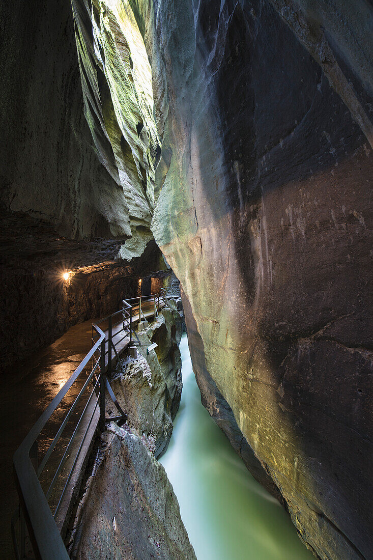 Safety walkways on the creek in the narrow limestone gorge Aare Gorge Bernese Oberland Canton of Uri Switzerland Europe