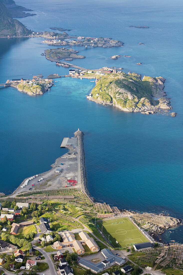 Top view of the typical village framed by the blue sea  Reinebringen Moskenes Lofoten Islands Norway Europe