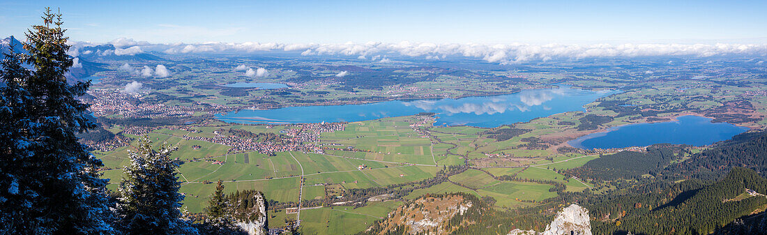 Panorama of green landscape around Tegelberg surrounded by lake Bannwaldsee and Forggensee Füssen Bavaria Germany Europe