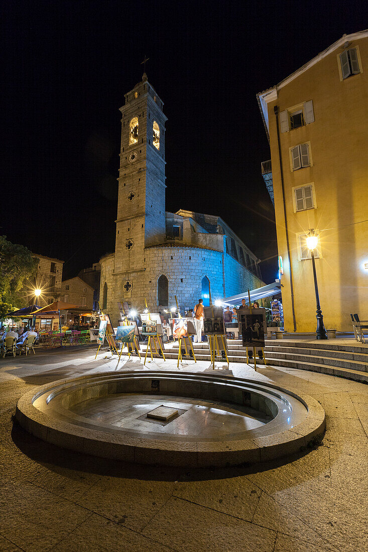 Night view of the ancient church and square of the old town Porto Vecchio Corsica France Europe