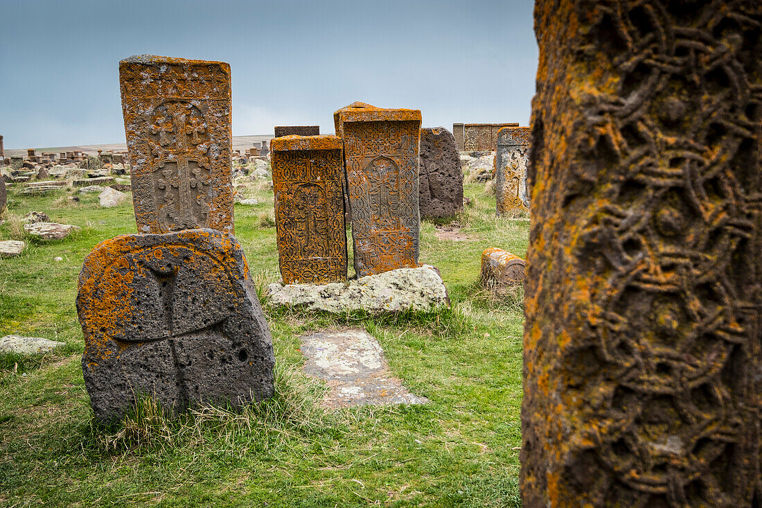 Khachkars in the the historical cemetery of Noratus near Lake Sevan, Armenia, Caucaus, Eurasia