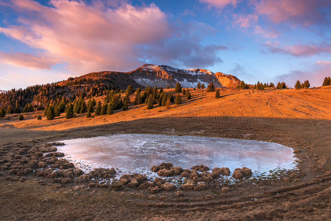 Monte Peller and Lake of the Vipers in golden hour, Europe, Italy, Natural Park Adamello Brenta, Peller mountain, Trentino Alto Adige, Trento district, Non valley