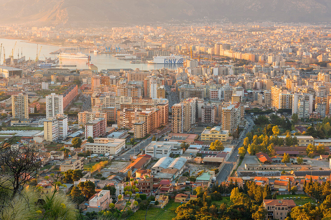 Blick auf Palermo bei Sonnenaufgang, Europa, Italien, Sizilien Region, Palermo Bezirk, Palermo Stadt