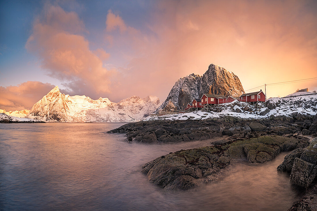 The village of Hamnoy photographed at dawn, Hamnoy, Moskenesoy, Lofoten Island, Norway