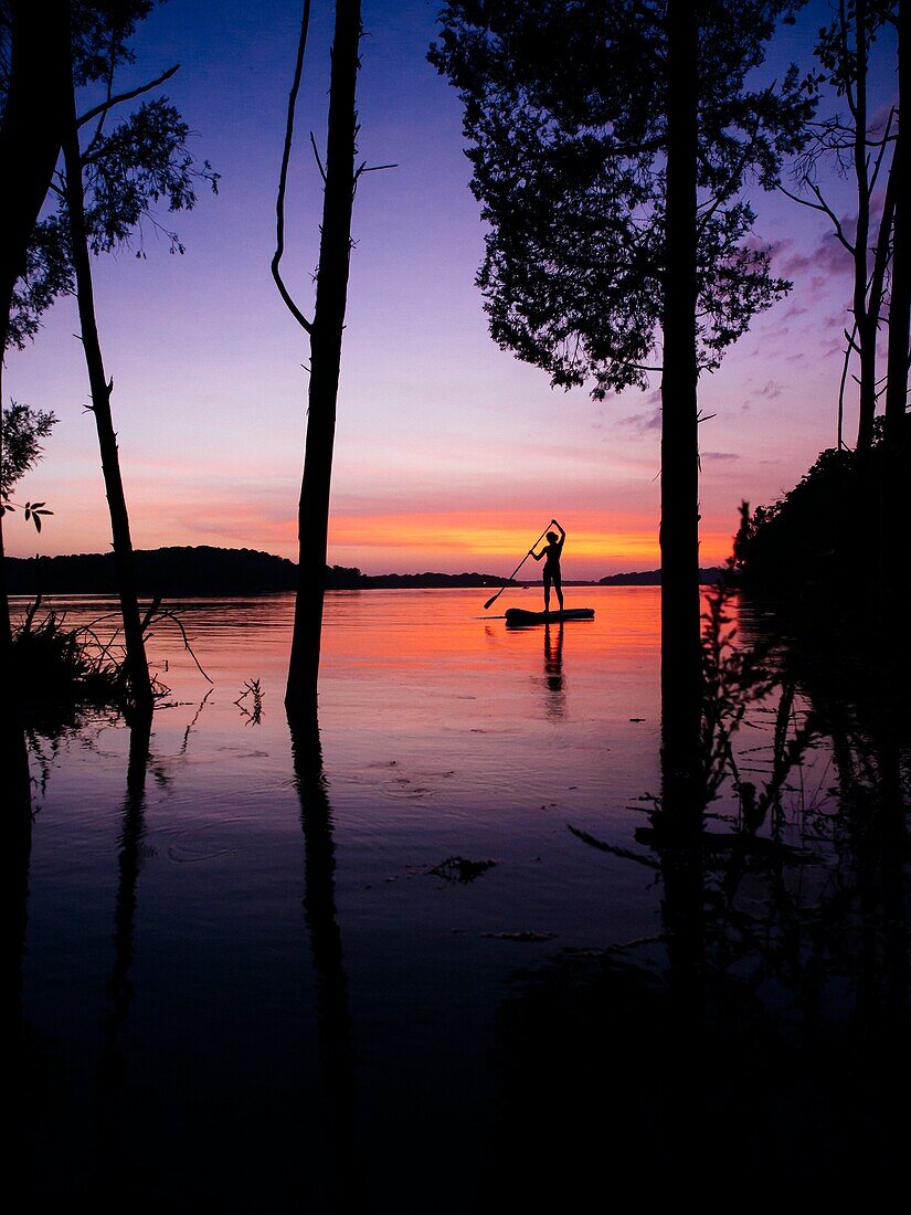Silhouette Of A Woman Stand-up Paddleboarding During Sunset