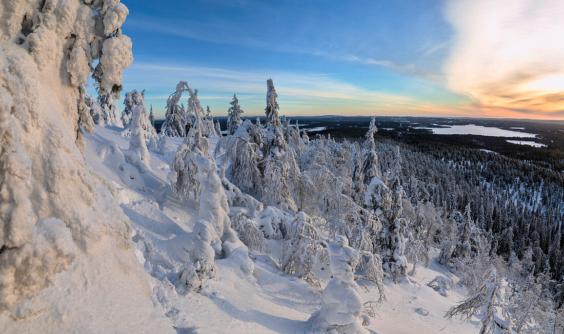Panorama of snowy landscape and woods framed by blue sky and sun, Ruka, Kuusamo, Ostrobothnia region, Lapland, Finland, Europe